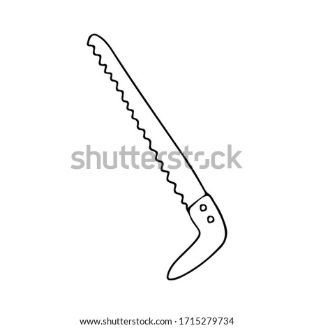 Garden saw  in doodle style. Hand drawn vector illustration in black ink isolated on white background.