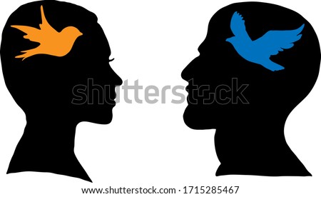 Silhouette of face of man with bird of prey inside his head. Silhouette of face of woman with songbird inside her head. Vector Illustration isolated on white background.