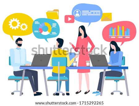 Man and woman teamwork, business cooperation, graph icon. Workers sitting ar desktop with laptop and coffee, discussing work strategy, cooperation vector