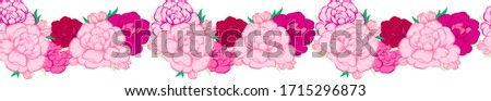 Seamless border with blooming flowers. Roses and Peonies, tulips. Natural botanical pattern on white background.