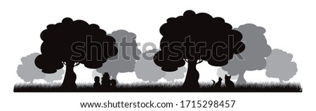 Vector silhouette of children playing under tree on white background. Symbol of nature and school.