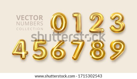 Gold Numerals Set. Golden Yellow Metal Letter. Number 1 2 3 4 5 6 7 8 9 0. Alphabet Font. Typography Design Element. Party Background. Foil Symbol. Bright Metallic 3D, vector realistic illustration