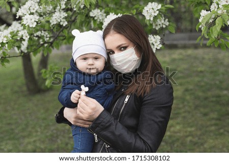 Portrait of a woman and her son in a protective mask against the crown virus or an outbreak of the covid-19 and pm 2.5 virus in the city
