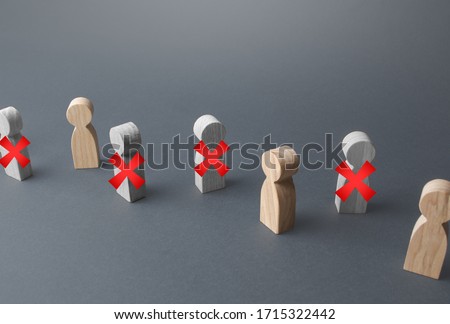 Line of people with red X. Loss of jobs and massive staff employees job cuts. Reductions and work layoffs due to restrictive quarantine and pandemic. Unemployment and crisis. lay off employees Royalty-Free Stock Photo #1715322442