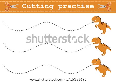 Cutting practices with a funny dinosaur. Learn to use scissors. Vector illustration for children's magazines and preschool institutions