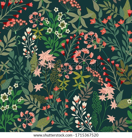Floral seamless pattern. Botanical elements of plants are densely arranged on a dark background. Vector for textile, wallpaper, tile Royalty-Free Stock Photo #1715367520