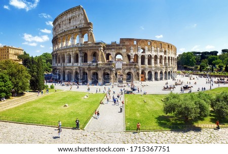 Panoramic view of the Colosseum and the homonymous square on a clear summer day, Rome, Italy. Royalty-Free Stock Photo #1715367751