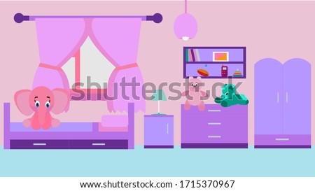 Flat design. Children room in pink, purple style. Vector image, eps 10  version