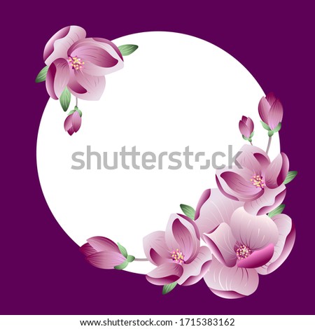 Vector beautiful frame gradient pink magnolia flower wreath with place for text or photo for wedding or greeting card, banner, poster design. Spring concept, Realistic floral art.