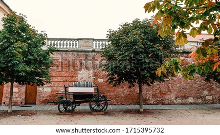 Carriage with a large barrel stands near the brick wall. Beer and wine concept. Picture ccontains autumn trees on the park walkway. Postcard