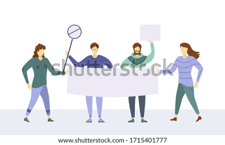 Protest people standing together with sign boards. Characters protester with empty banners, strike street demonstration. Сrowd of people of different age and gender protesting. Vector illustration.