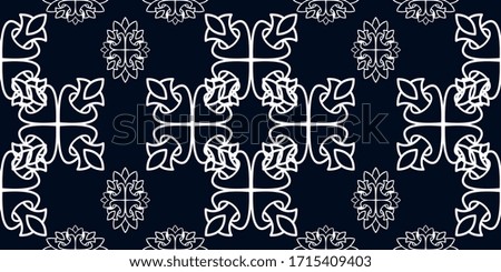 White ornament on blue seamless pattern. Vintage, paisley elements. Ornamental traditional, ethnic, turkish. Great for fabric and textile, wallpaper, packaging or any idea.