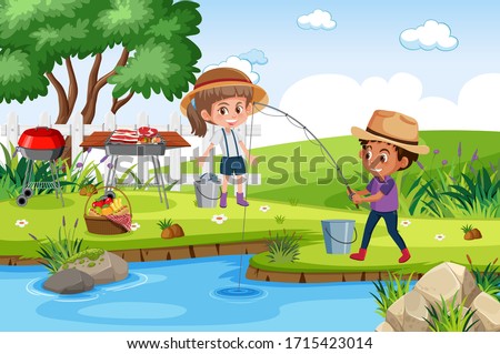 Background scene with kids fishing in the park illustration