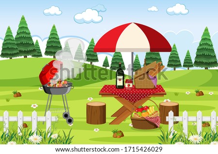 Scene with BBQ grill and food on the picnic table in the park illustration