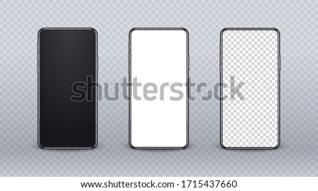 Realistic mobile phone mockup. Device set with modern thin frame and blank screen on transparent backgtound. 3d Smartphone mockup for show your app design. Front view of cellular display.