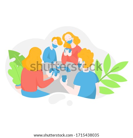 Cartoon People in mask playing a board game. Family spend time together at home during quarantine. Self-isolation activity and Indoors hobby for kids