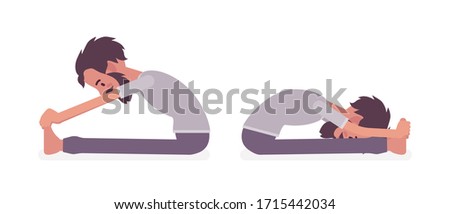 Man in yogi sports wear practicing yoga, doing Seated forward bend exercise, paschimottanasana pose, and handsome guy training for healthy habit workout. Vector flat style cartoon illustration
