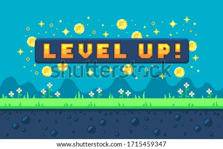 Pixel art design with outdoor landscape background. Colorful pixel arcade screen for game design. Banner with button level up. Game design concept in retro style. Vector illustration. Royalty-Free Stock Photo #1715459347