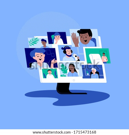 Diverse characters participating in the online conference call. Friends meeting up online. Team working from home via video call.   Royalty-Free Stock Photo #1715473168