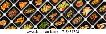 Collection of black plastic take away boxes with healthy food. Set of containers with everyday meals - meat, vegetables and law fat snacks on black background Royalty-Free Stock Photo #1715481793