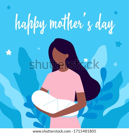 Mother's day card. Afro woman holding her newborn baby and nursing him in hands. Lactation concept. Breast feeding week banner, happy mother day clip art. 