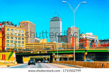 Landscape of Car in road in Boston. Vacation trip on highway with nature. Scenery with drive on Holiday journey for recreation. Skyline with skyscrapers in Europe. Transport