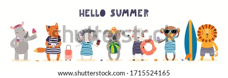 Hand drawn card, banner with cute animals on the beach, text Hello Summer. Vector illustration. Isolated on white. Scandinavian style flat design. Concept for kids holidays print, invite, poster.