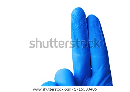 Hand in blue medical glove isolated on white, close up