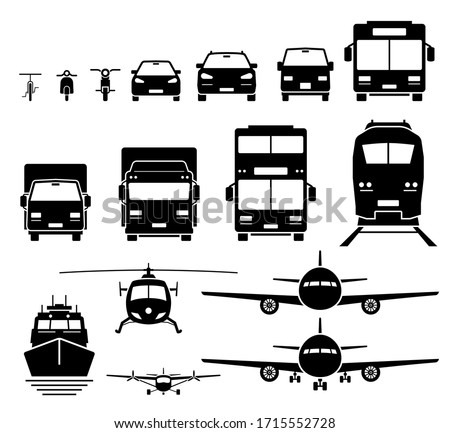 Front view of ground, air, and water transportation vehicles icons set. Vector of bicycle, motorcycle, car, SUV, van, bus, lorry, truck, double decker bus, train, boat, ship, helicopter, and airplane.