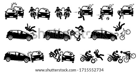 Road accident and car crash icons. Vector artwork of road vehicle accident between car, motorcycle, bicycle, people, pedestrian, jogger, child, and elderly.  Royalty-Free Stock Photo #1715552734