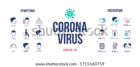 Coronavirus design with infographic elements. Coronavirus symptoms and prevention. Covid-19 pandemic. Vector illustration. Royalty-Free Stock Photo #1715560759
