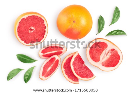 Grapefruit and slices with leaves isolated on white background. Top view. Flat lay. With clipping path and full depth of field Royalty-Free Stock Photo #1715583058