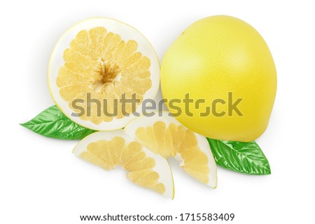 pomelo with slice and leaf isolated on white background with clipping path and full depth of field. Top view. Flat lay.