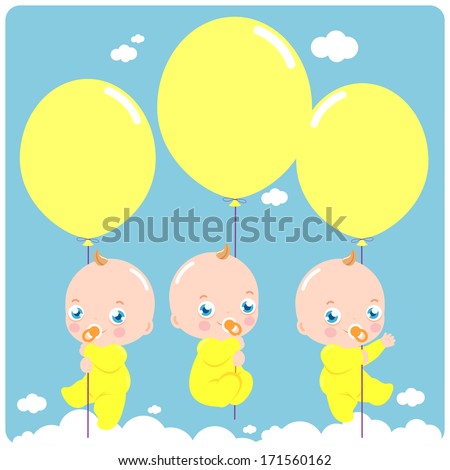 Cute newborn baby triplets flying in the sky, holding yellow balloons. Vector illustration
