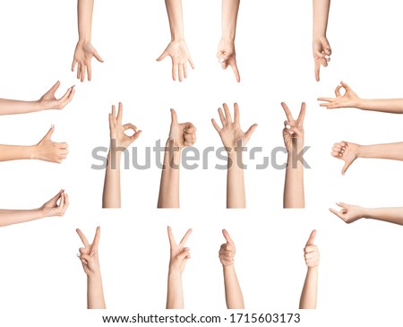 Sign language concept. Collage with female hands showing different gestures on white background, isolated Royalty-Free Stock Photo #1715603173