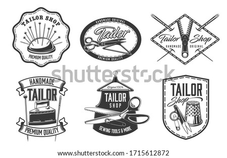 Tailor shop and premium quality dressmaker, vector sign. Handmade tailoring and clothing sewing atelier icons of tailor scissors, needle pillow and thread spool, thimble and zipper