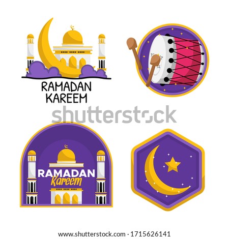 Ramadan Kareem greeting text badges and labels collection. Mosque and Islamic drum vector. Eid mubarak vector sticker.