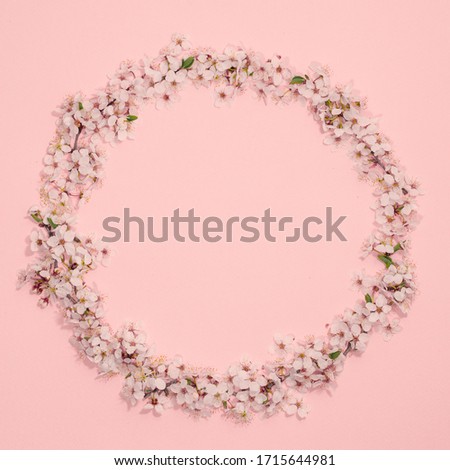 Framework circle from spring cherry blossoms on rose background. Flat lay. Copy space.Top view
