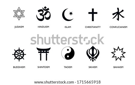 World religion symbols. Signs of major religious groups and religions. Christianity, Islam, Hinduism, Buddhism, Bahaism, Judism, Taoism, Shinto, Sikhism and Judaism, with English labeling.  Royalty-Free Stock Photo #1715665918
