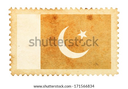 Water stain mark of Pakistan flag on an old retro brown paper postage stamp. 