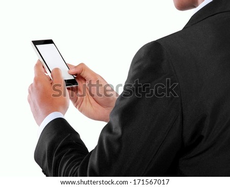 businessman holding mobile smart phone with blank screen. Isolated on white.