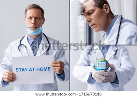 collage of mature doctor in medical mask holding placard with stay at home lettering and globe on grey