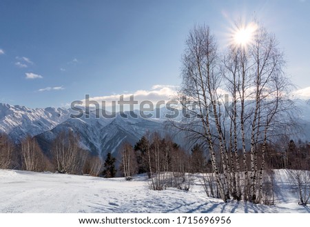Panoramic winter view of Great Caucasus mountain range, Mestia, Svaneti, Georgia.
