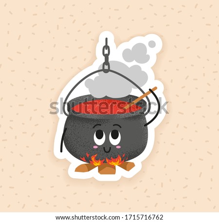 Happy black cauldron on the campfire, hand drawn vector illustration. Cute pot cook the dinner. Playful cartoon character with happy face sticker. Camping concept element for children books.