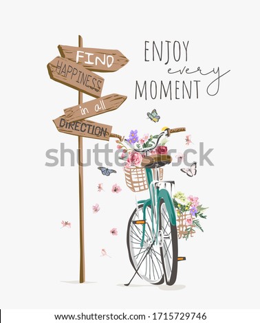 typography slogan with bicycle and direction sign illustration