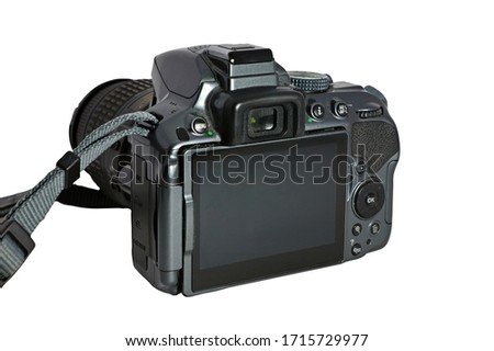 Black digital SLR camera with lens isolated on white background.