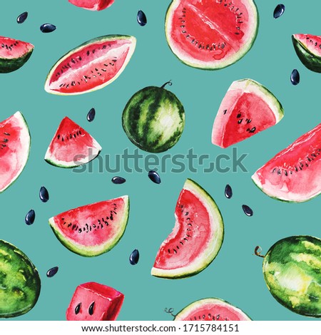 Watercolor drawn watermelons and slices seamless pattern with turquoise background