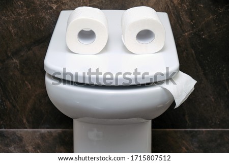 Toilet bowl with two rolls of paper similar to eyes or glasses. Funny concept of running out of toilet paper