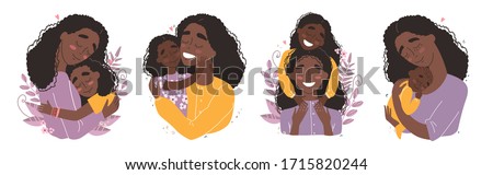 Mothers day greeting card. Black african american mother hugs baby. Family holiday and togetherness. Vector clip art