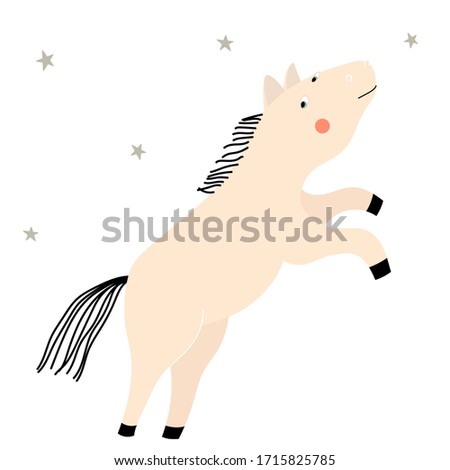 Pink horse standing on its hind legs on the white background with stars. Cute vector cartoon childish illustration. 

